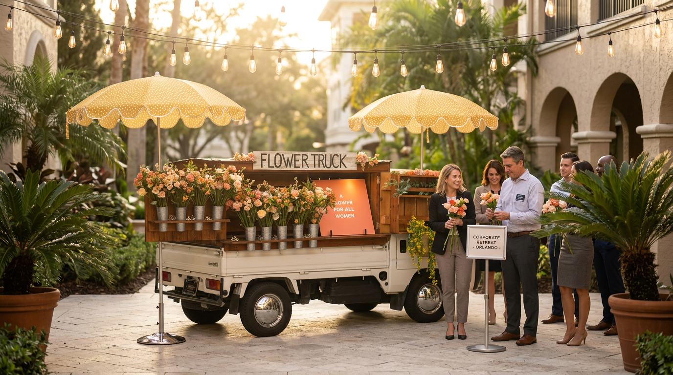 Corporate event guests building hand-tied bouquets at the Florida Flower Truck